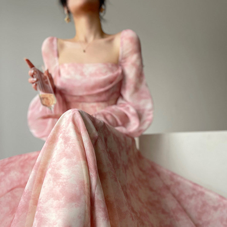 Tea Break Printed Waist Dress With Large Skirt