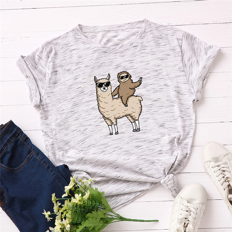 Sloth Riding Goat Sunglasses Printing Cool European And American Top T-shirt Short Sleeve