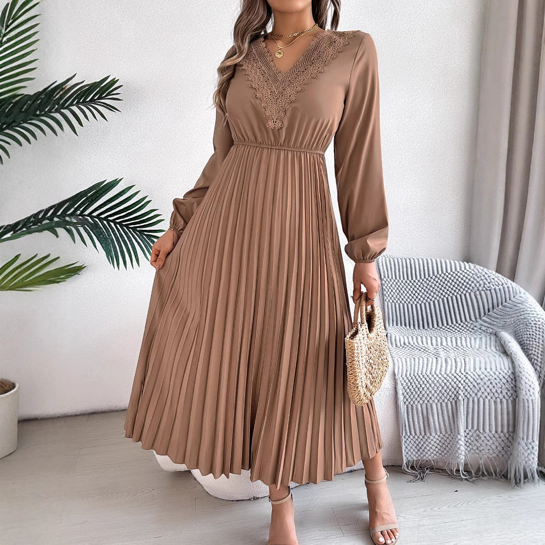 Women's V-neck Lace Cinched Pleated Long Dress