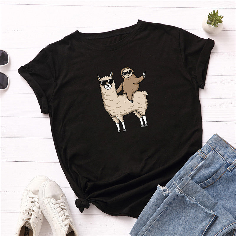 Sloth Riding Goat Sunglasses Printing Cool European And American Top T-shirt Short Sleeve