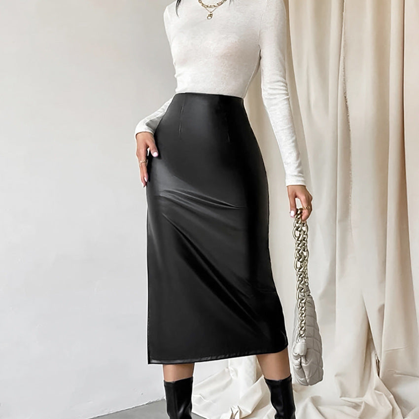 Commuter French Sheath PU Leather Skirt Autumn And Winter