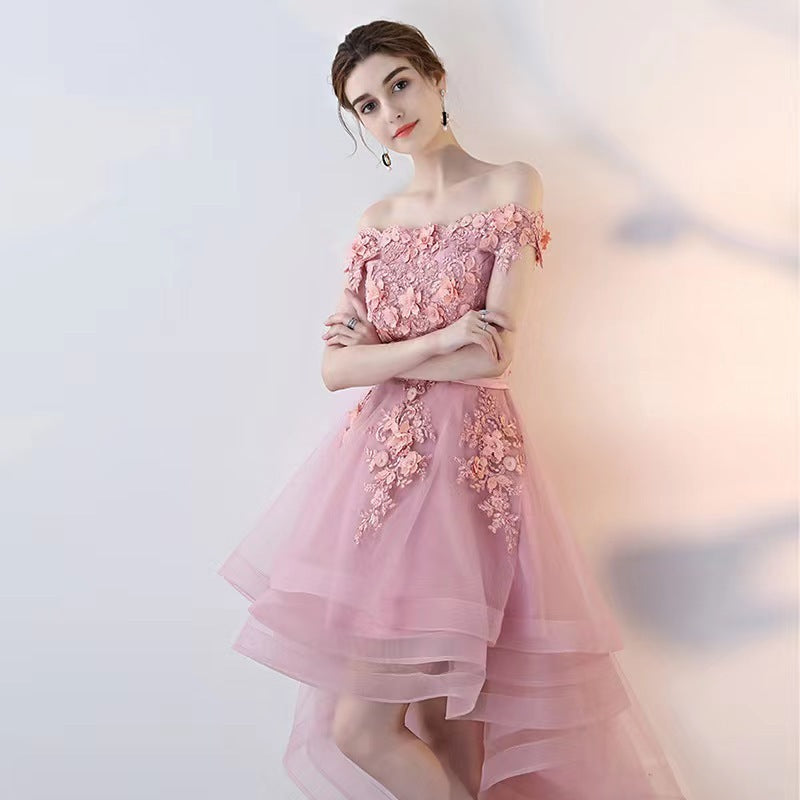 One-shoulder Swallowtail Bean Paste Color Dress With Short Front And Long Back