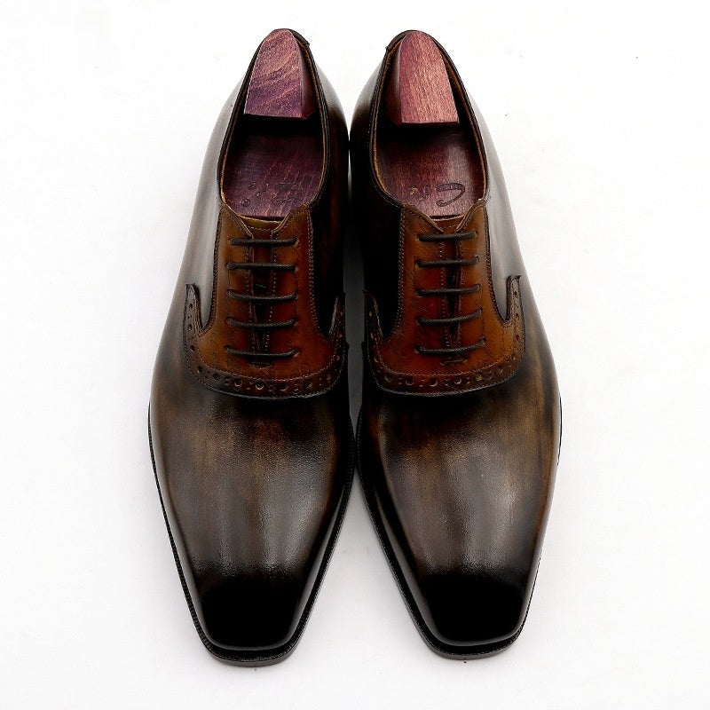 Handmade Cowhide Colorblock Calfskin Sole Lace Up Breathable Men's Shoes