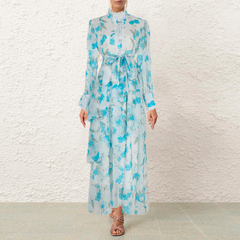 Autumn And Winter Lace Stitching Sweet Printed Ruffled Irregular Dress Women