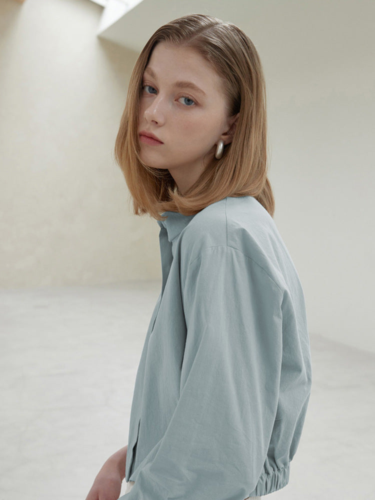 Cotton Hem Elastic Waist Slimming Solid Color Long Sleeve Shirt