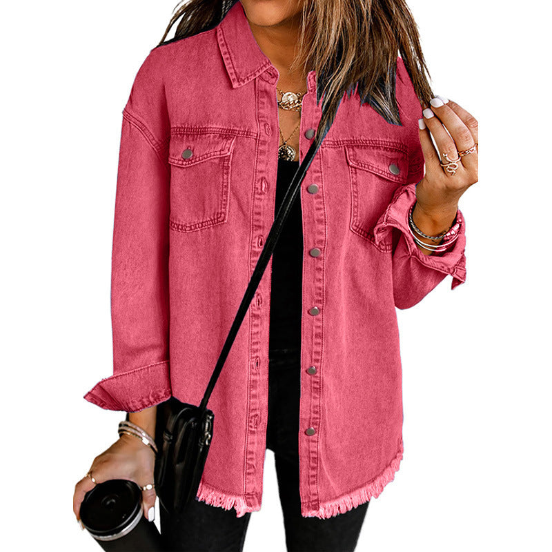 Denim Long Sleeve Lapel Top Women's Solid Color Single-breasted Mid-length