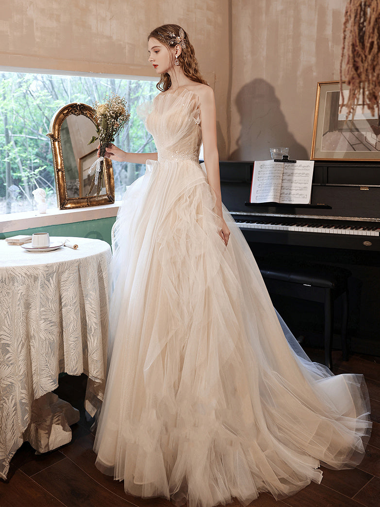 French Style Light Champagne Wedding Dress with Bra Top and Straps, Sizes S-XL