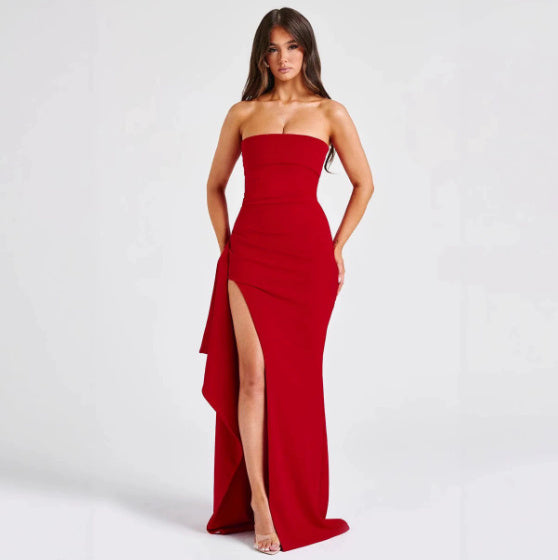 Women's Line Up Collar With Sexy Backless High Slit Dress