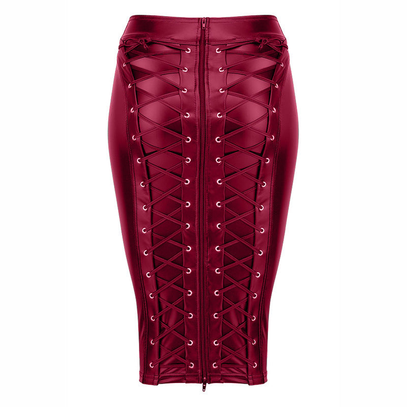 High-waisted PU patent leather hip skirt