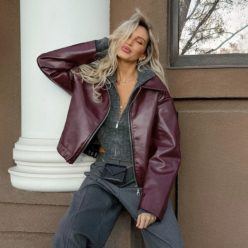 Wine Red Retro Biker Style Matte Leather Jacket Coat