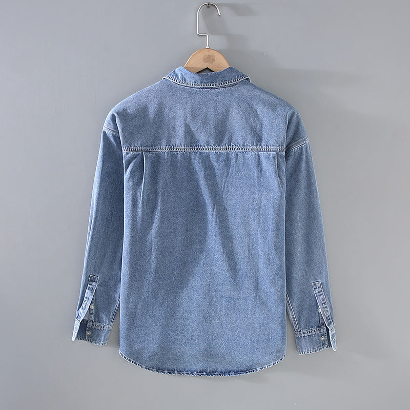 Retro Rewash Double Bag Men's Long Sleeve Light Color Denim Shirt