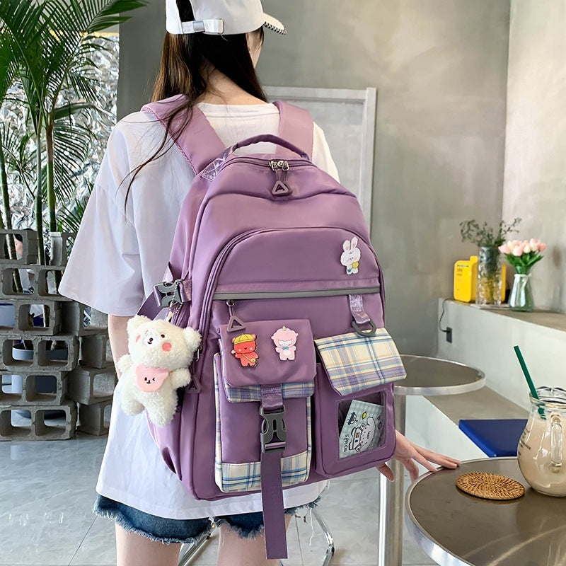 Harajuku Preppy Nylon Backpack Two-Piece Set with Stripes, 33x44x14cm
