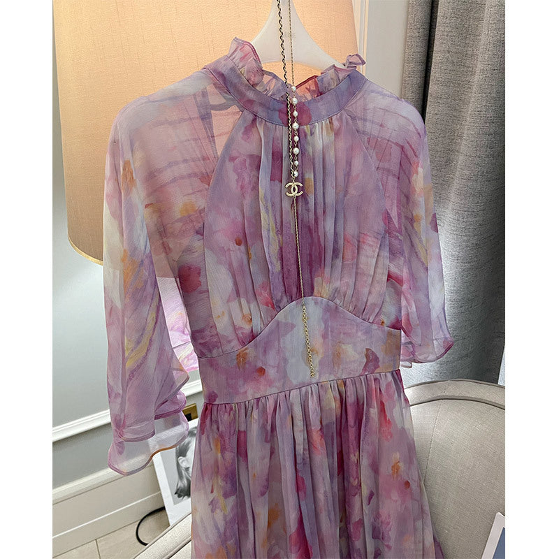 Tea Break Pink Floral Chiffon A-Line Dress