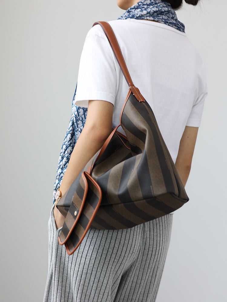 Head Layer Cowhide Soft Commuting Bag for Women with Retro Stripes