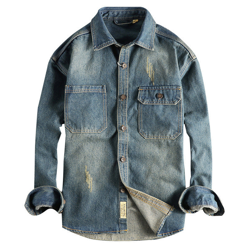 Vintage Washed Cotton Denim Shirt for Men in Light & Dark Blue
