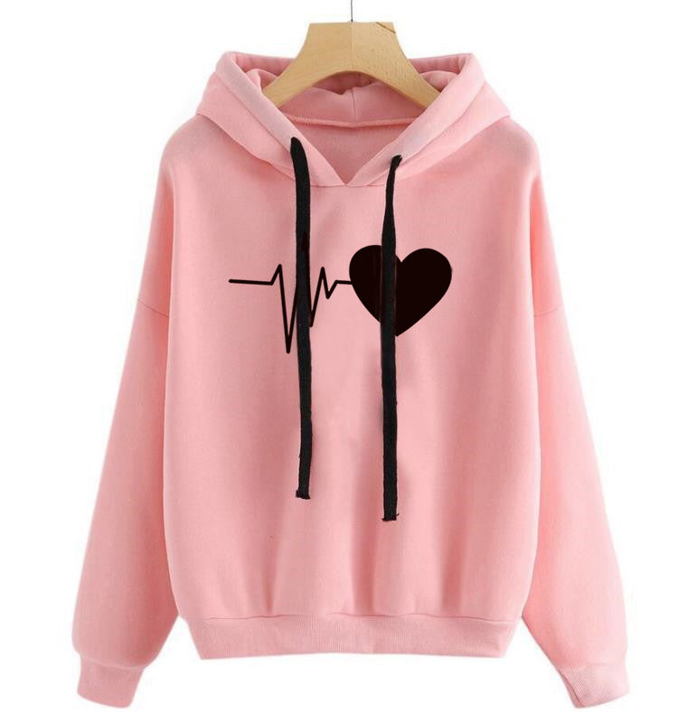 Sweat à capuche streetwear pour femme à imprimé cœurs, manches longues, pull, printemps-automne