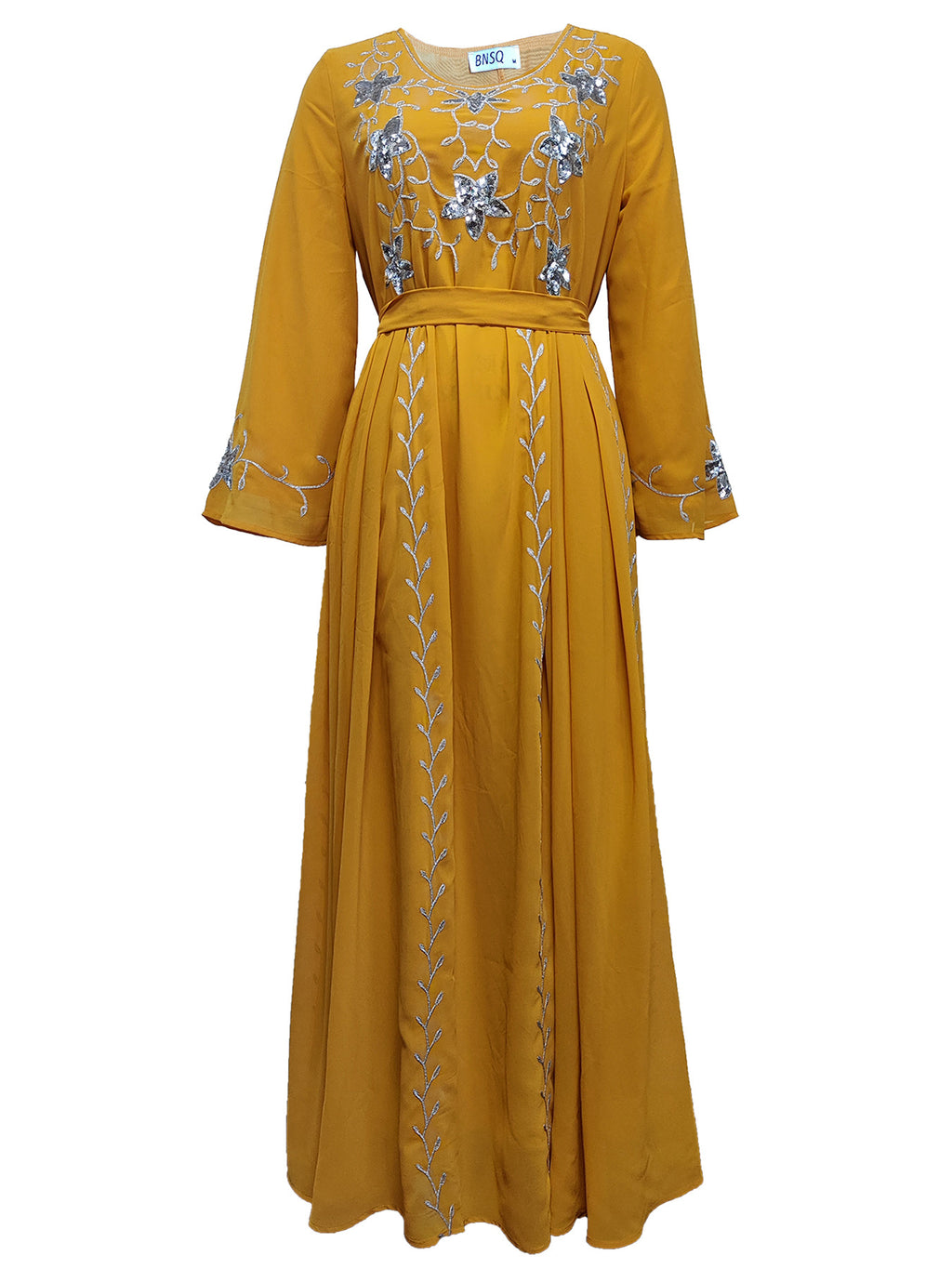 Robe de soirée élégante à broderies et appliqués avec ceinture, manches longues, jupe longue