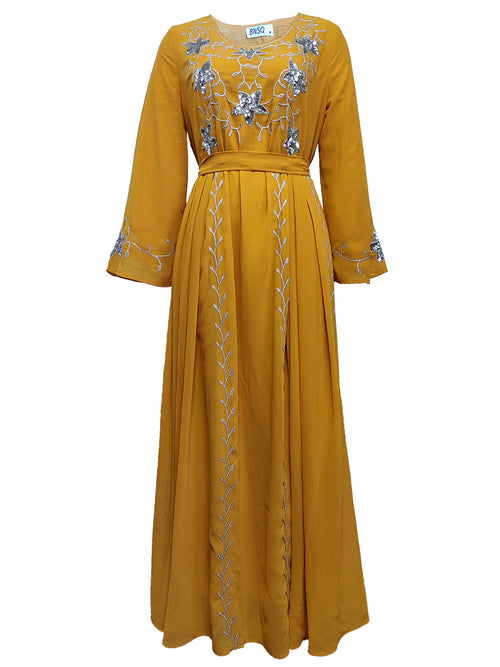 Elegant Embroidery Applique Party Dress with Belt, Long Sleeve, Long Skirt