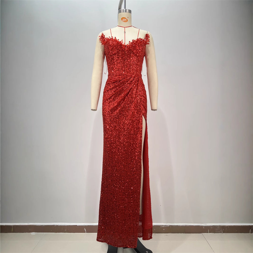 Red Drop-Shaped Diamond Low-Cut Sleeveless Paillette Dress