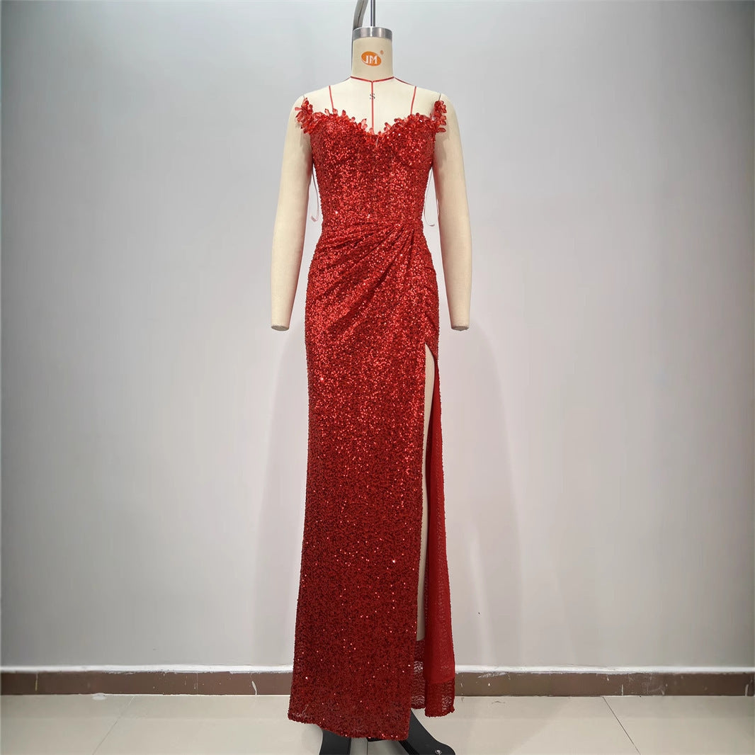 Red Drop-Shaped Diamond Low-Cut Sleeveless Paillette Dress