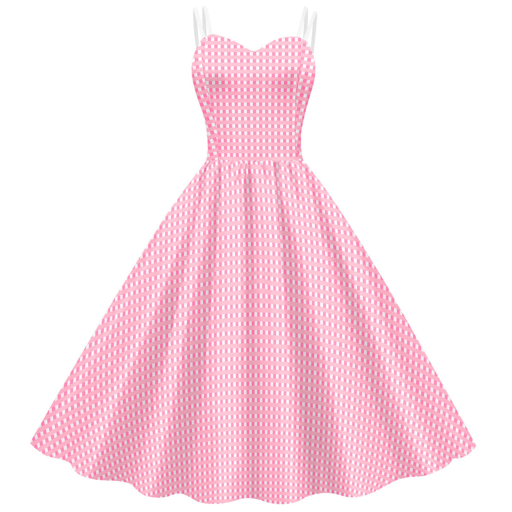Women’s Barbie Pink Plaid Digital Print Dress