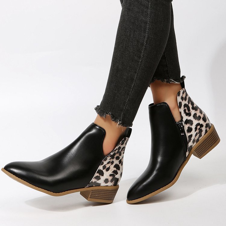 Plus Size Black Leopard Print Leather Martin Boots