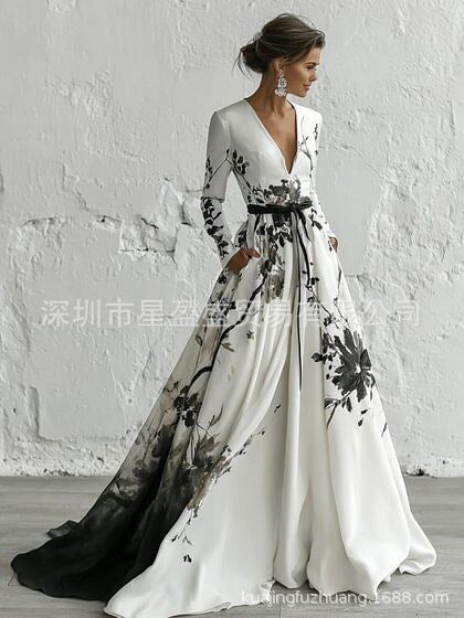 Womens Retro Bohemian Rose-Embroidered Loose Linen Floor-Length Dress