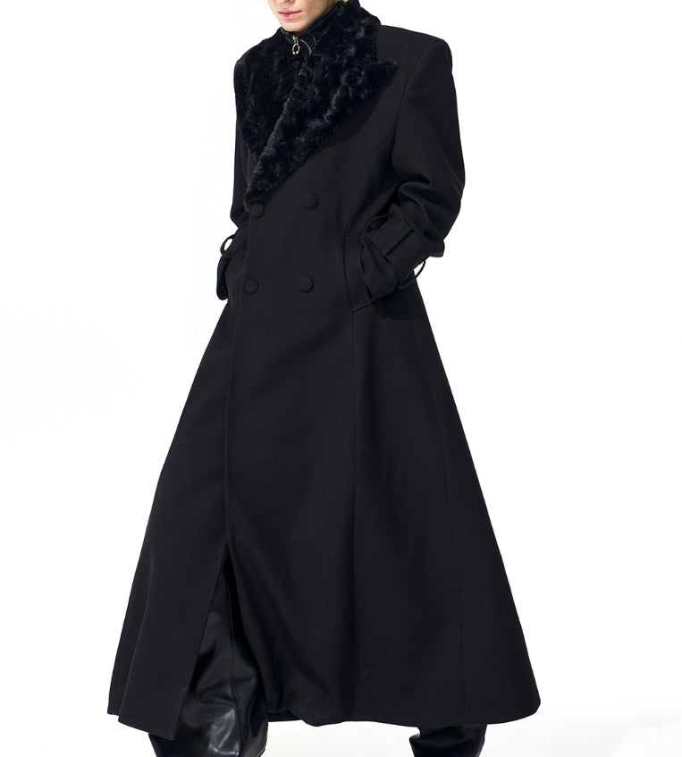 Noble Stitched Lapel Long Trench Coat Blazer in Black