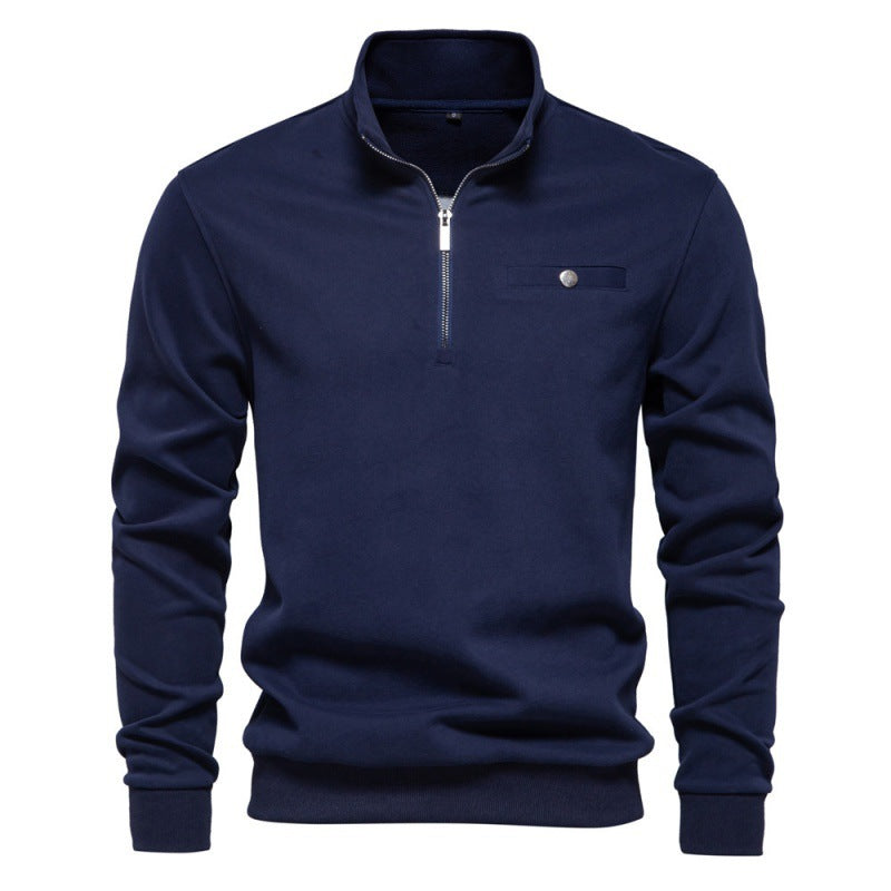 Half Zipper Casual Sweater with Pocket Decoration Basic Style