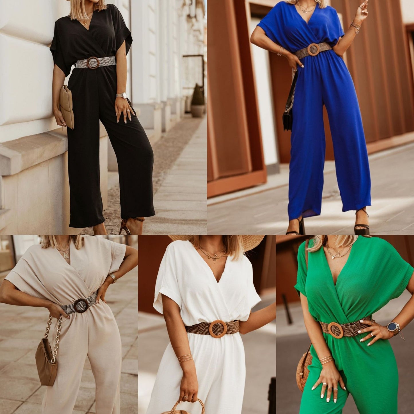 New Short Sleeve V-Neck Doll Sleeve Elastic Waist Jumpsuit