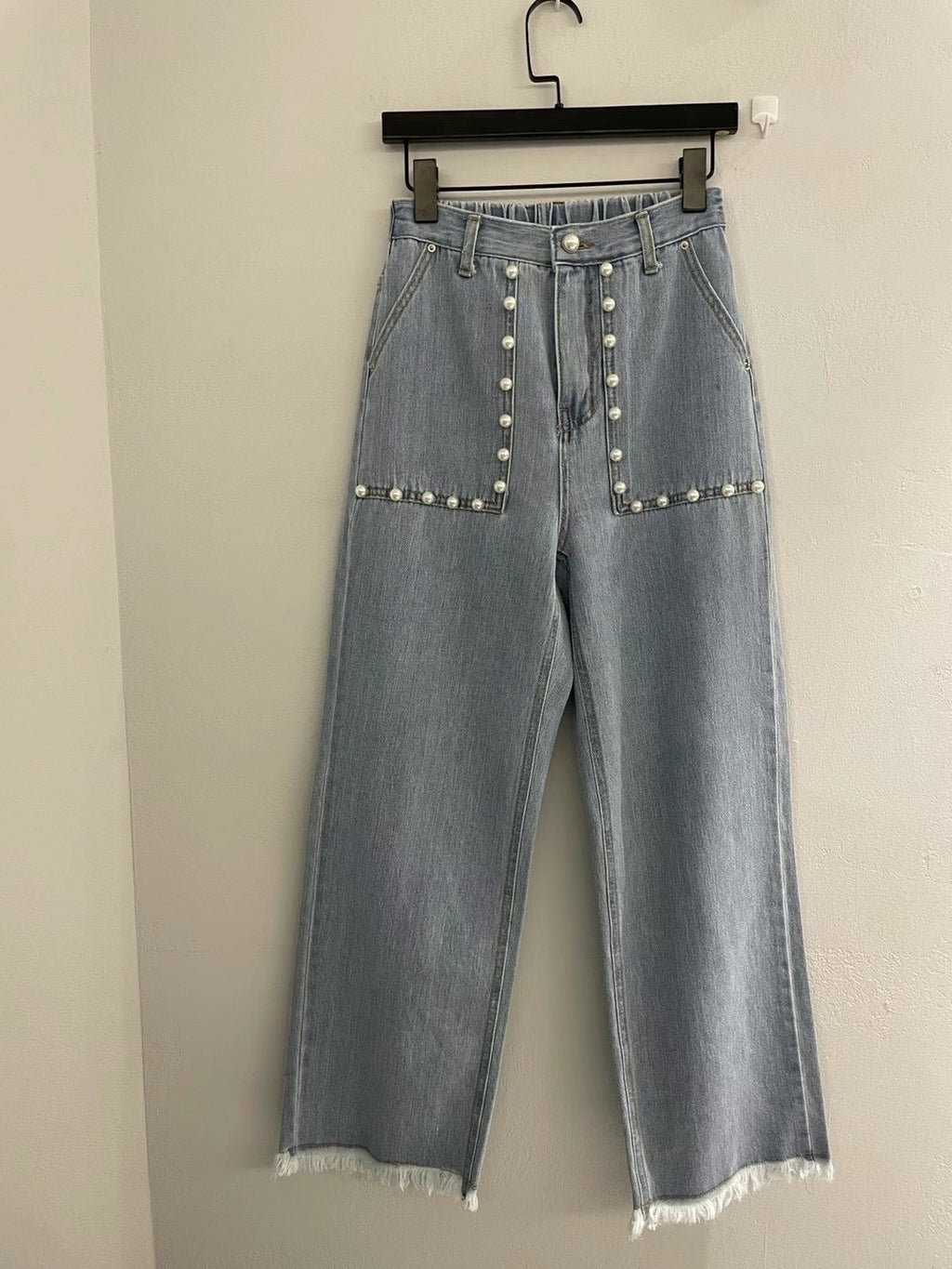 Light Blue High Waist Pearl Pocket Elastic Waist Cropped Jeans