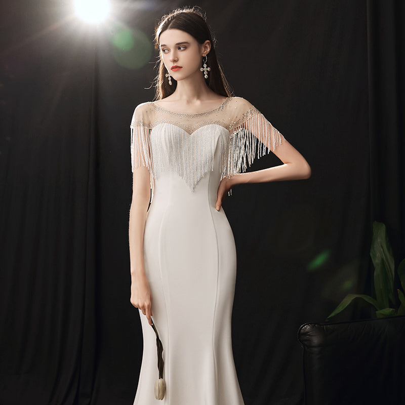 Women's Fishtail Banquet Dress – Long Skirt, White & Pink, S-XL