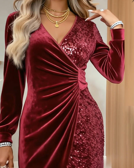 Elegant Sequins Long Sleeve V Neck Bodycon Party Dress for Women Evening & Christmas