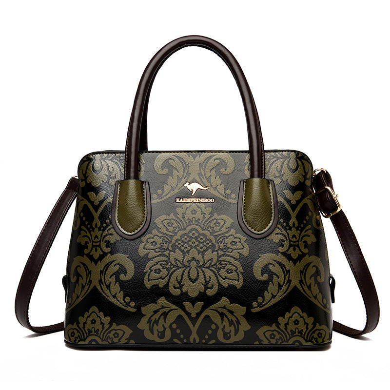 Ethnic Wind Flower Cowhide Shoulder Bag with Zipper Closure