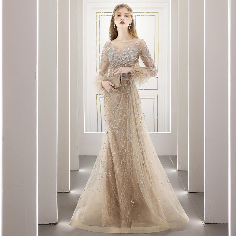 Diamond-Encrusted Long Evening Dress with Zipper and U-Neck