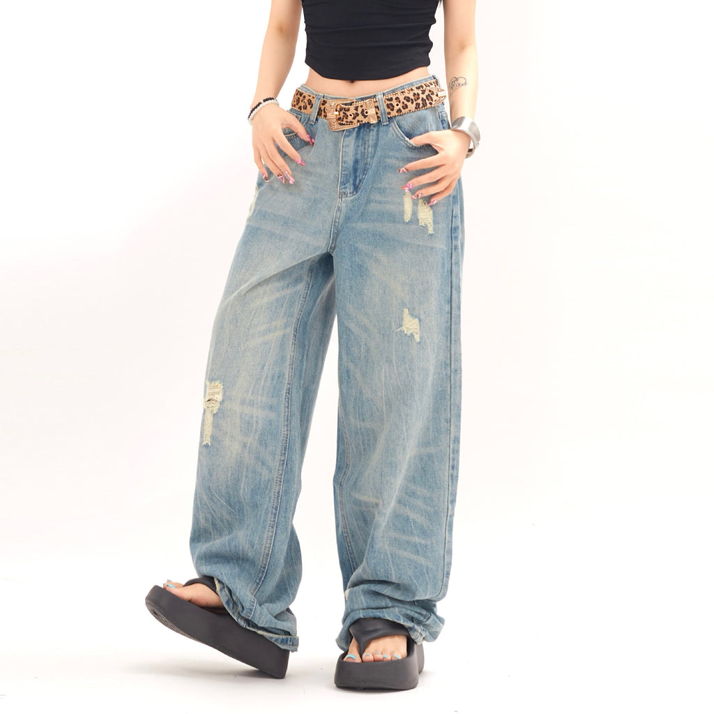 Loose Mid Waist Ripped Denim Jeans for Men and Women