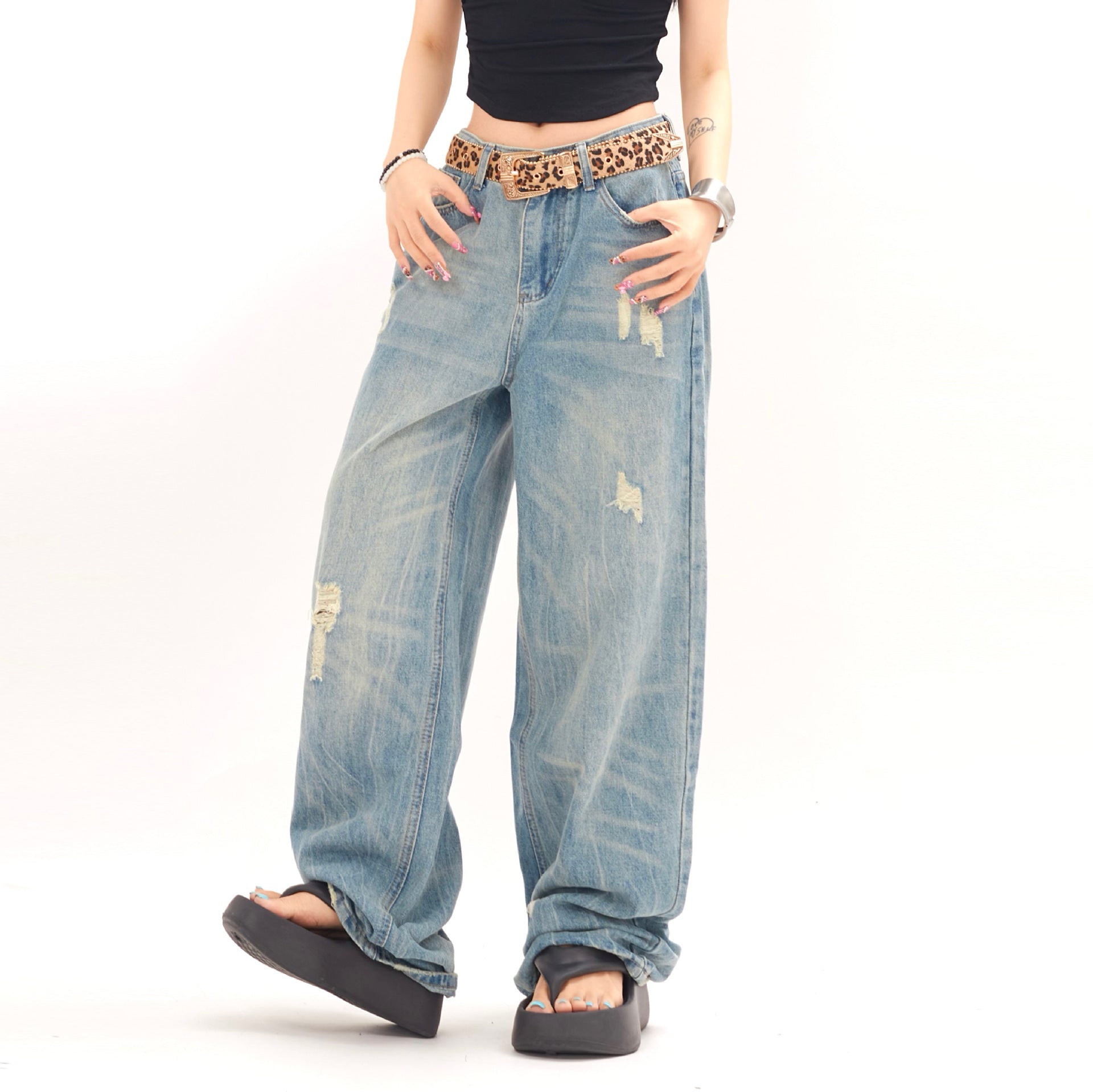 Loose Mid Waist Ripped Denim Jeans for Men and Women