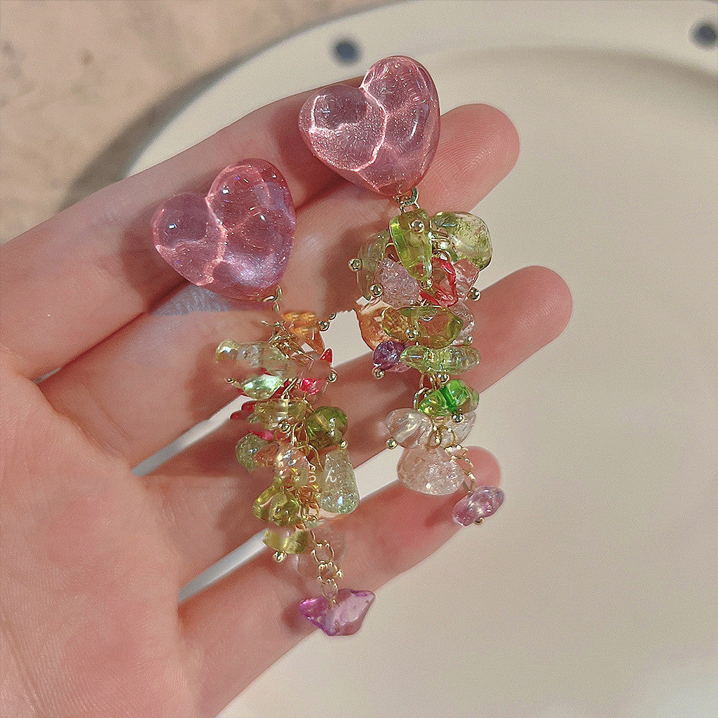 Handmade Copper Sweet Glass Crystal Silver Pin Long Tassel Earrings Mixed Color 6.7cm