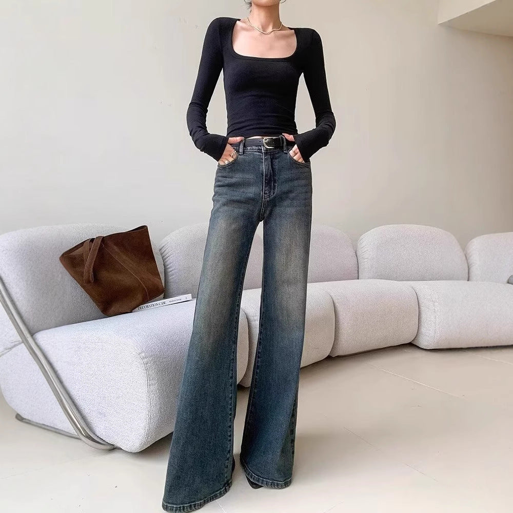 Jeans micro-pull taille haute rétro femme bleu délavé