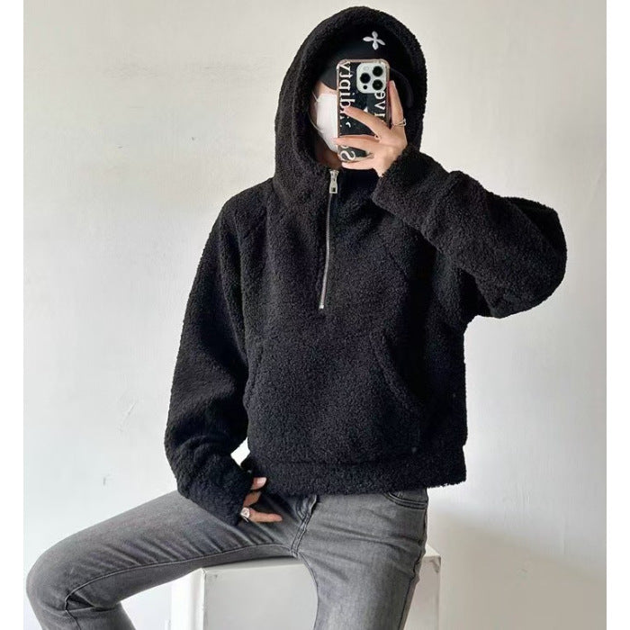 Sweat à capuche demi-zip décontracté pour filles en fausse laine d'agneau