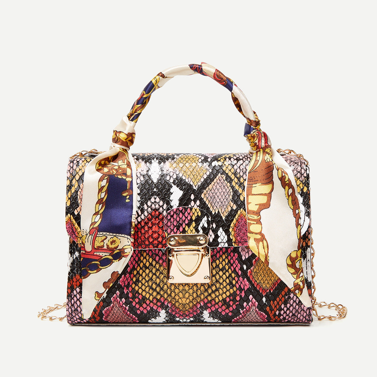 Colorful Snake Print PU Leather Medium Square Handbag