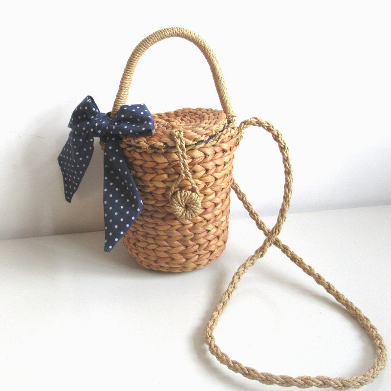 Small Cylinder Light Coffee Corn Fur Woven Bag with Bow