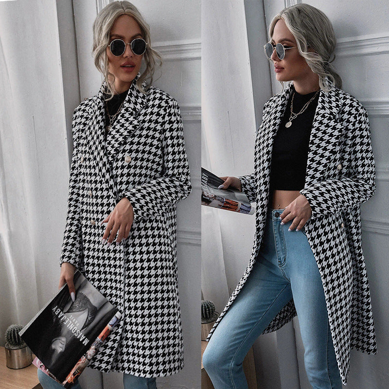 Winter Mid-Length Houndstooth Double-Breasted Casual Coat