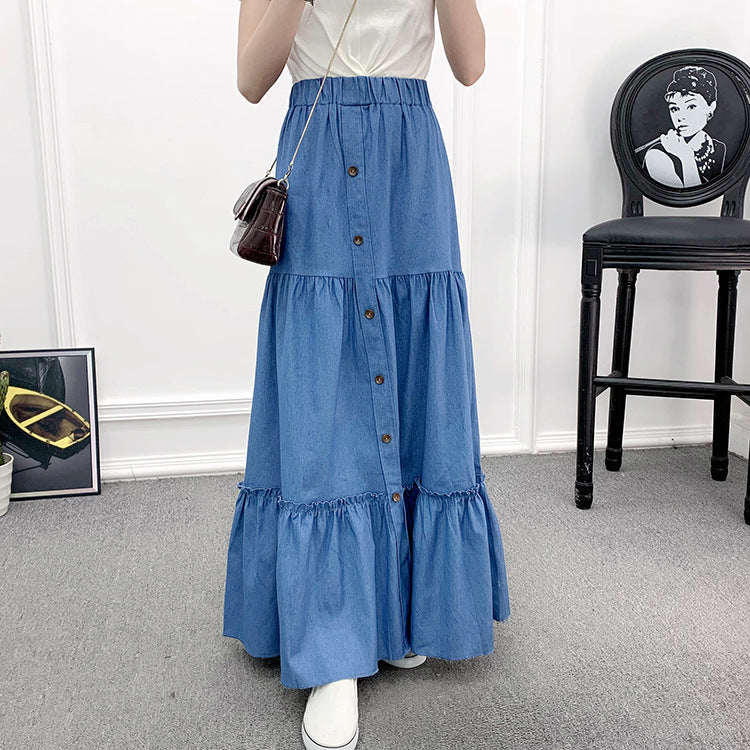 Vintage Minimalist High Waist A-Line Denim Skirt in Light & Deep Blue