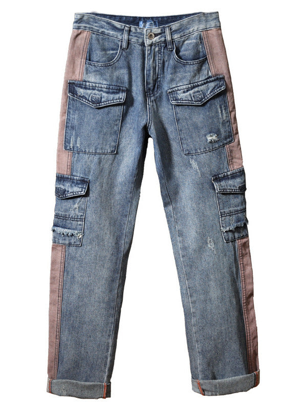 Hip Hop Men's Retro Nostalgic Multi-Pocket Denim Pants