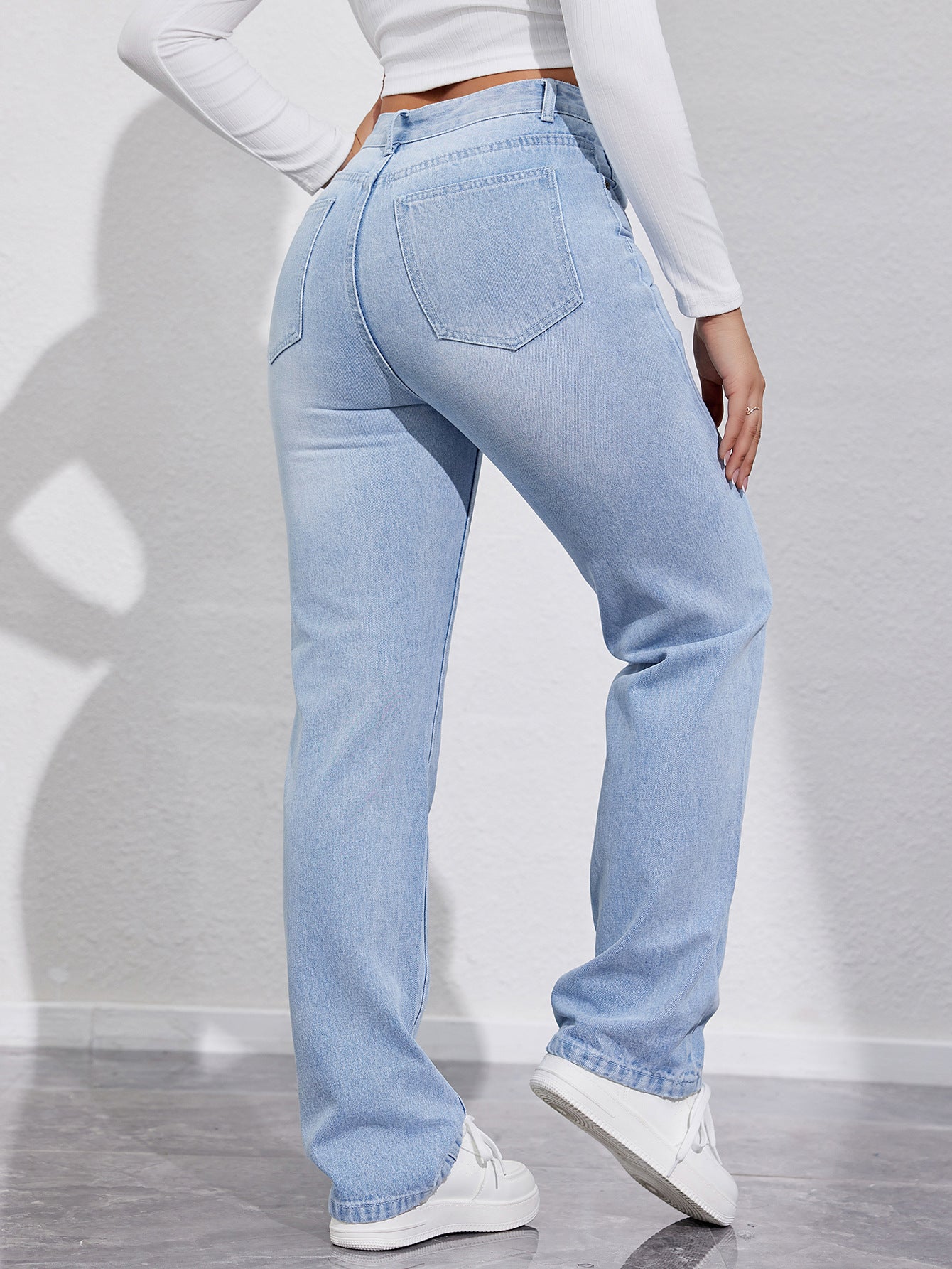 Ladies Light Blue High Waist Slim Straight Jeans
