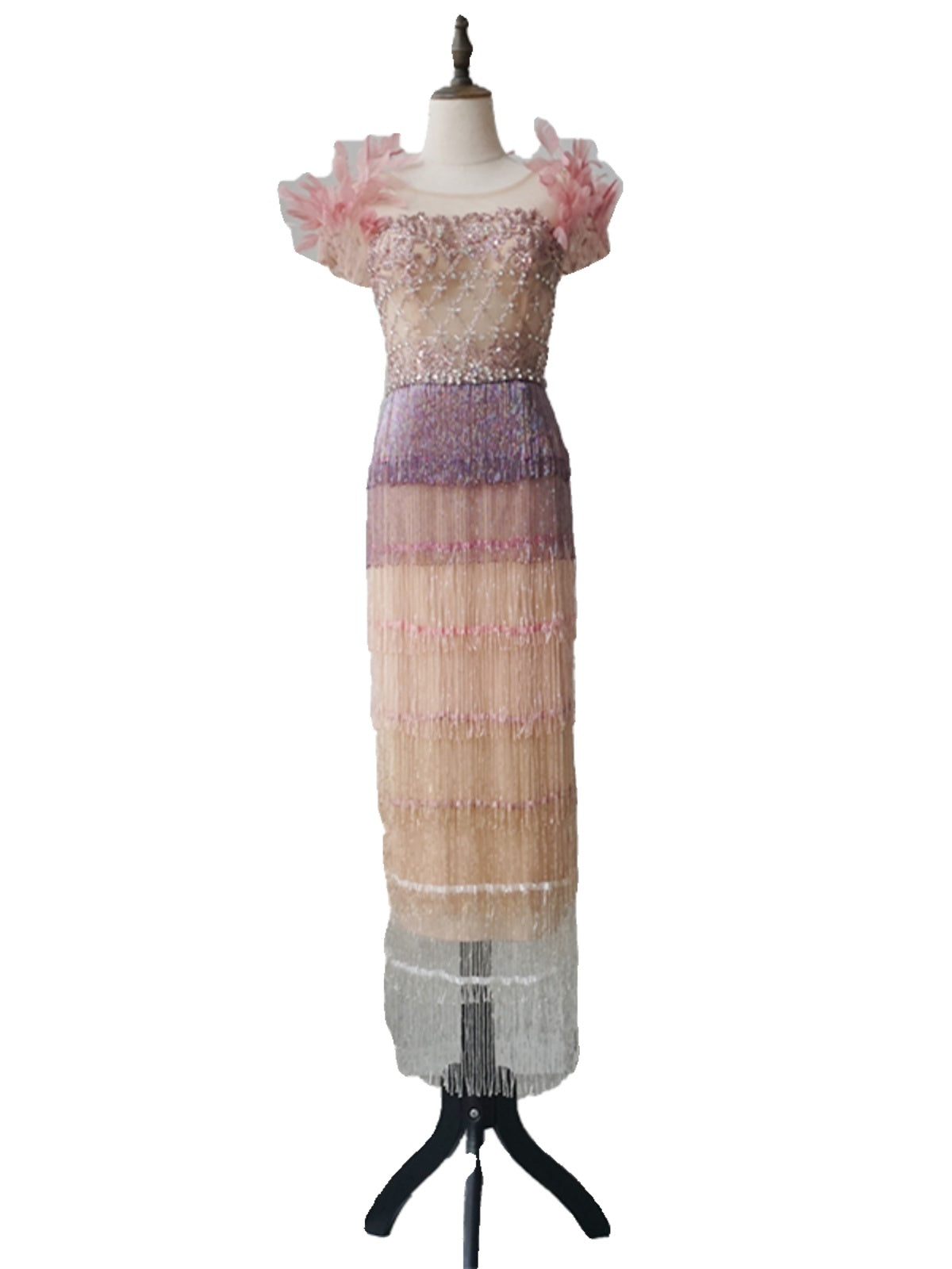 New Feather Mid Length Crystal Evening Dress