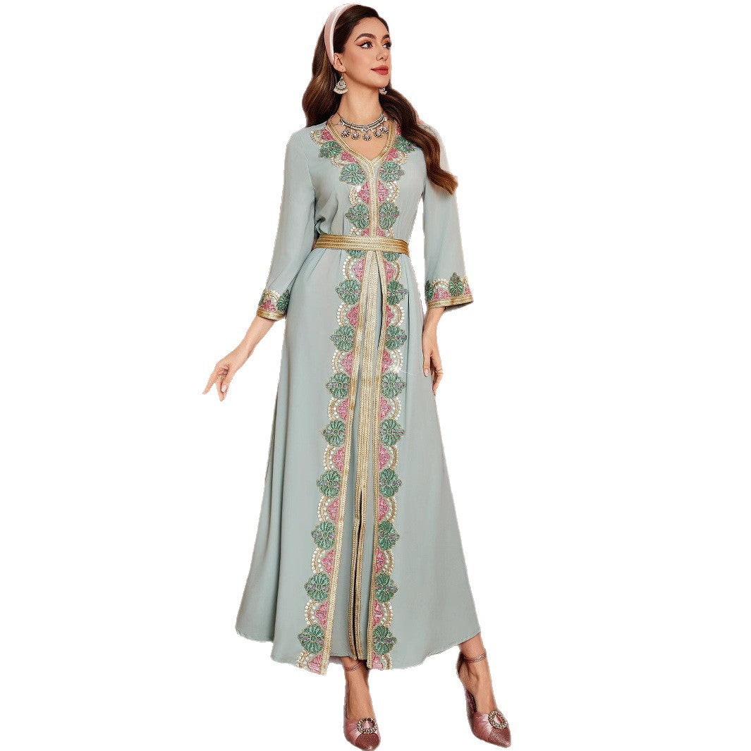 New Bean Green False Two-piece Patchwork Lace Embroidered Lace V-neck Dress for Arabian Women