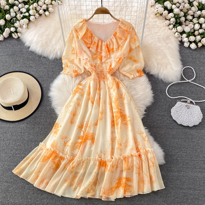 Super Fairy High Waist Slimming Flounce Chiffon Dress