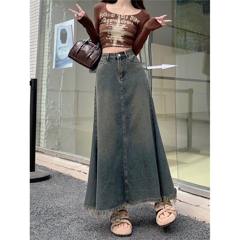 فستان خريفي عالي الخصر من الدنيم بتصميم كلاسيكي على شكل حرف A